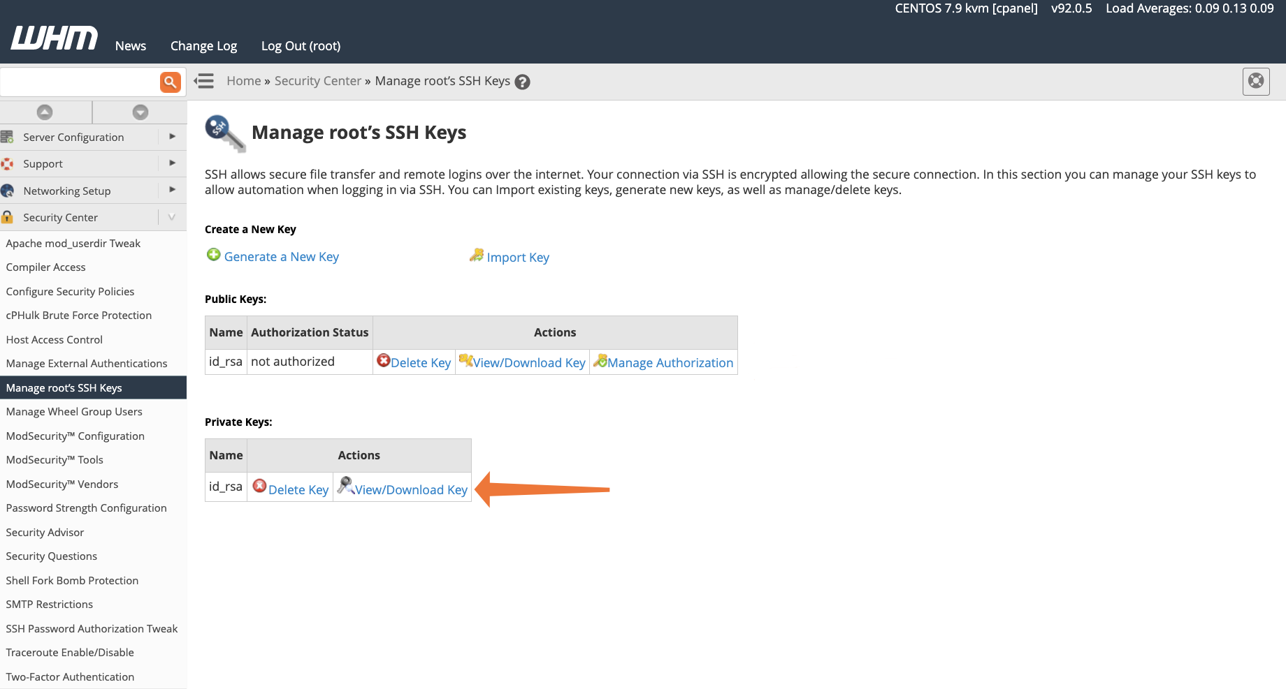 cPanel View Root SSH Key