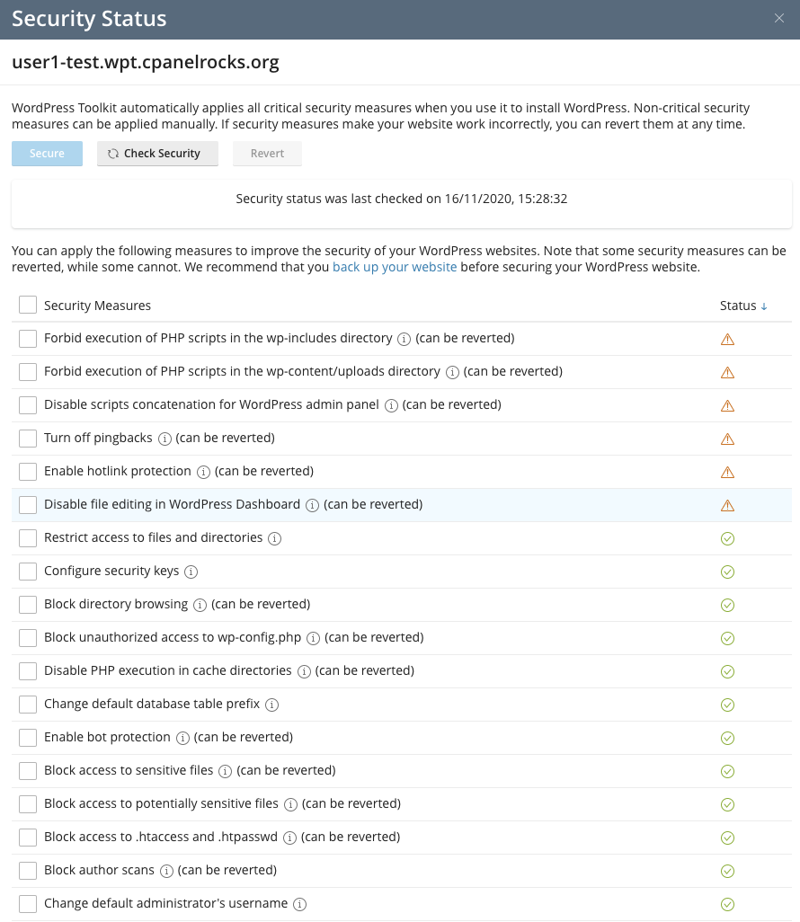 cPanel WP Toolkit Security Status