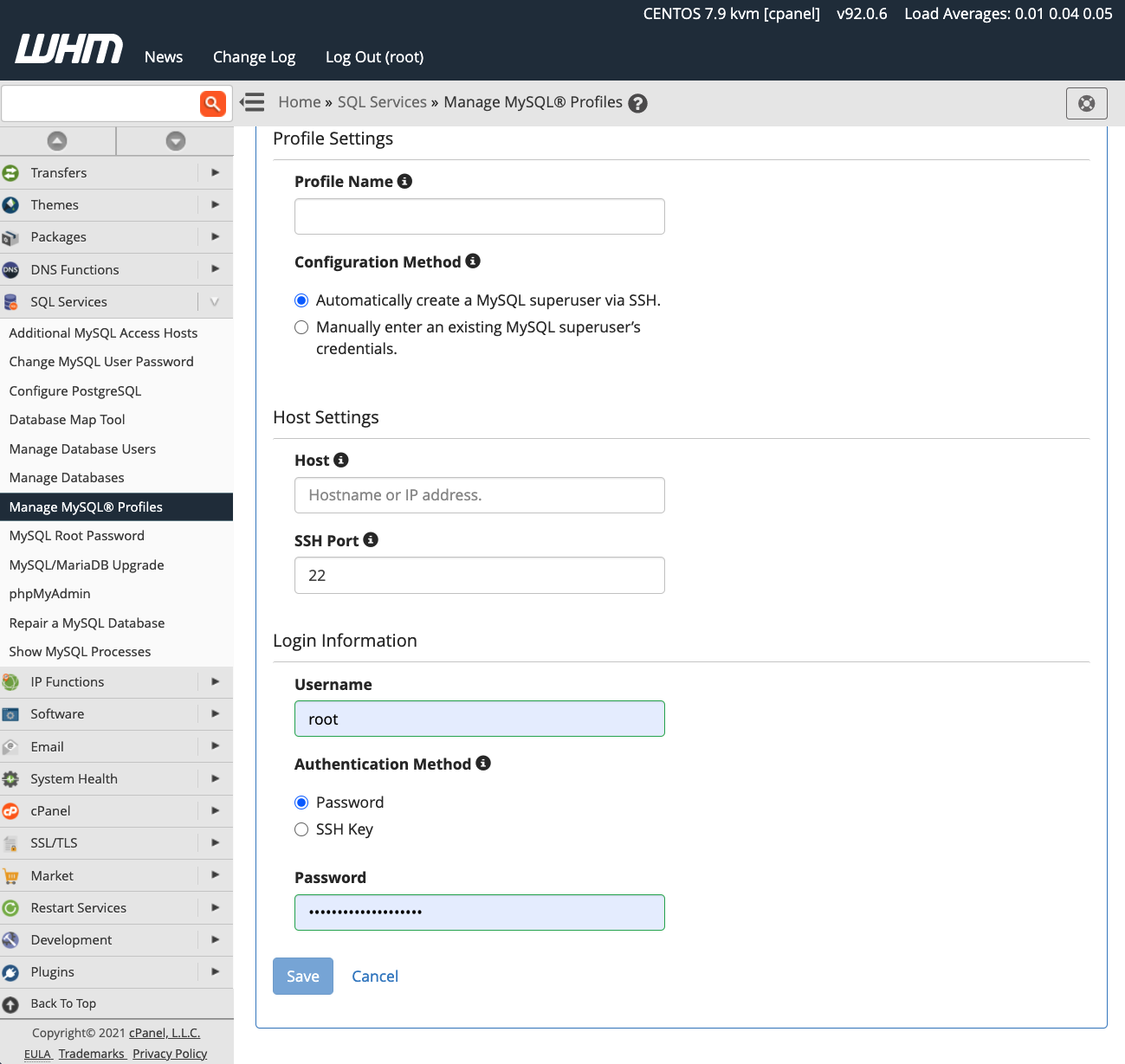 cPanel New MySQL Profile