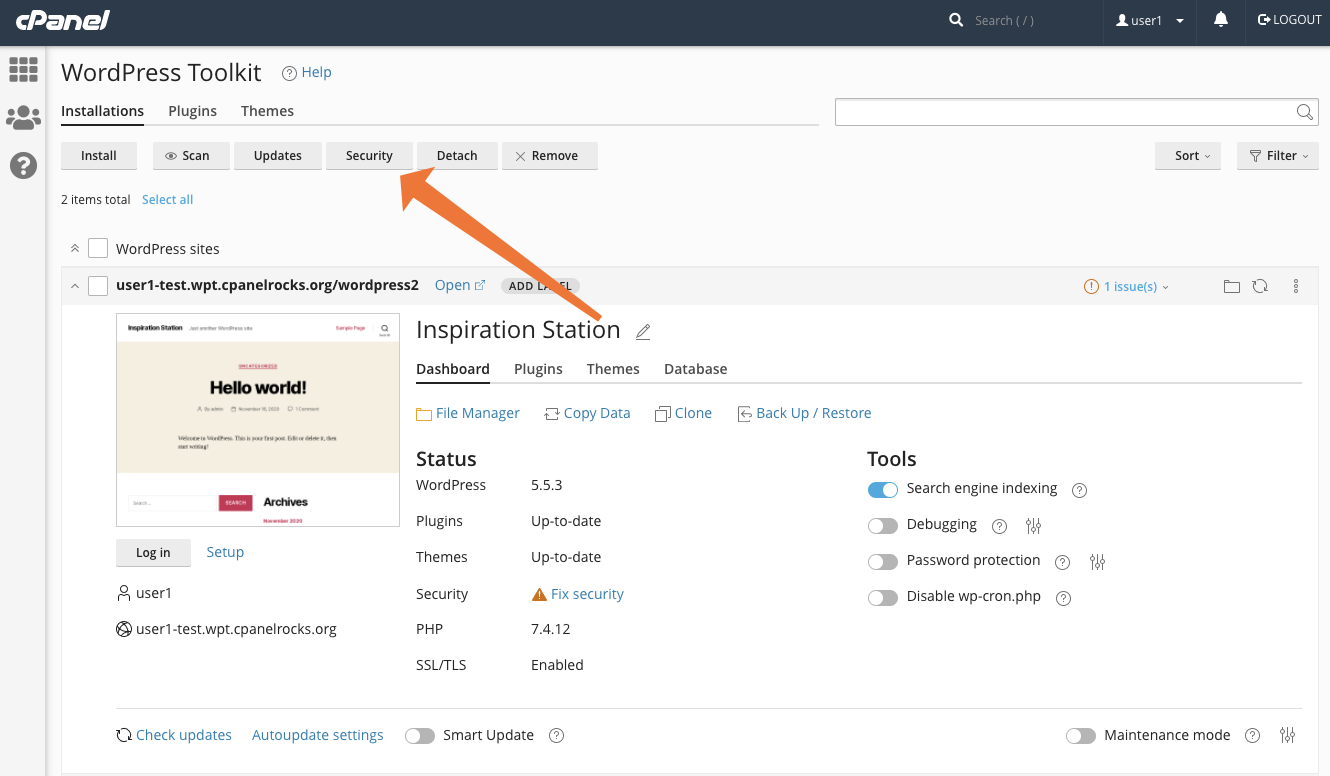 cPanel WP Toolkit Security Tab